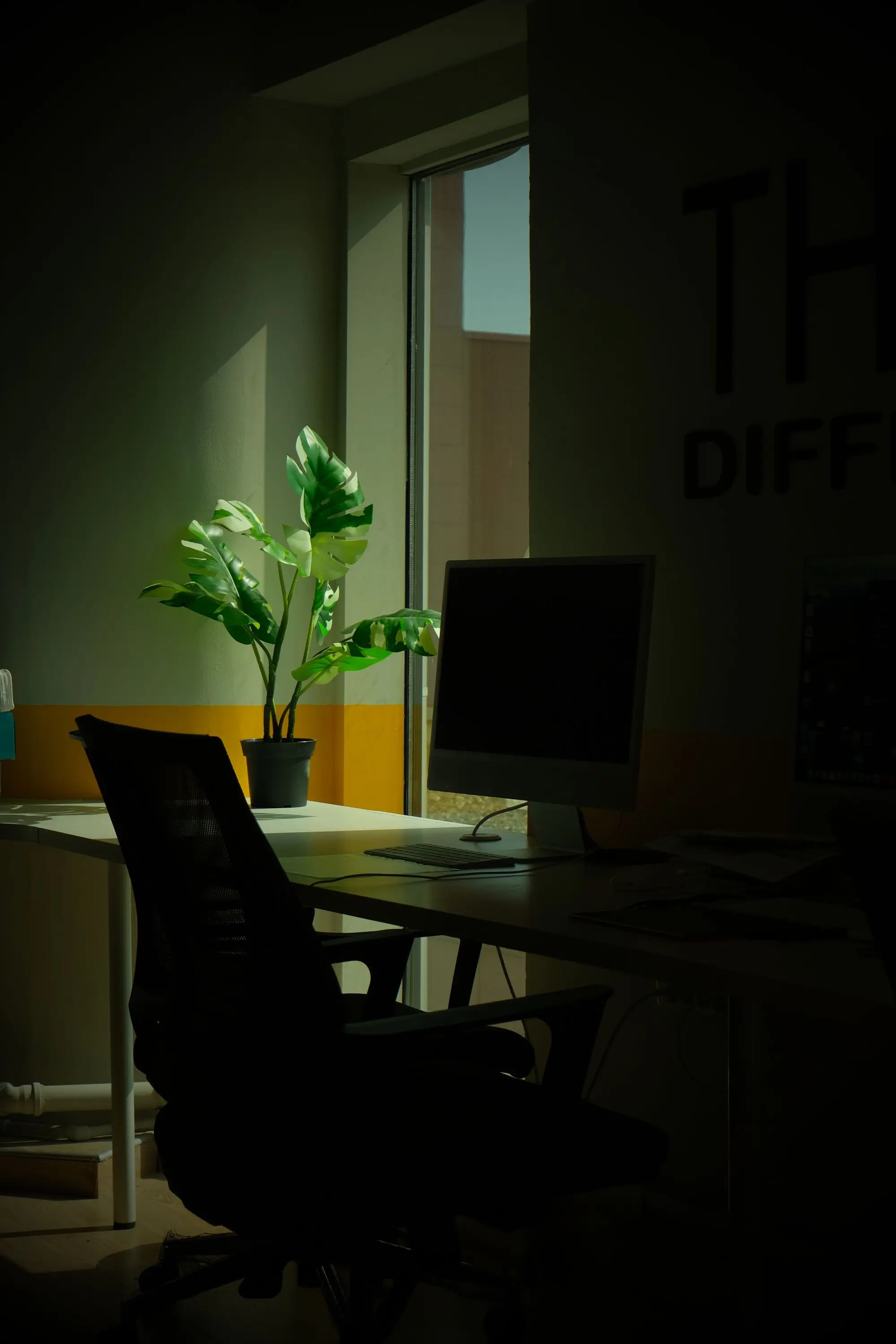 A desk with a monitor and a plant by a window